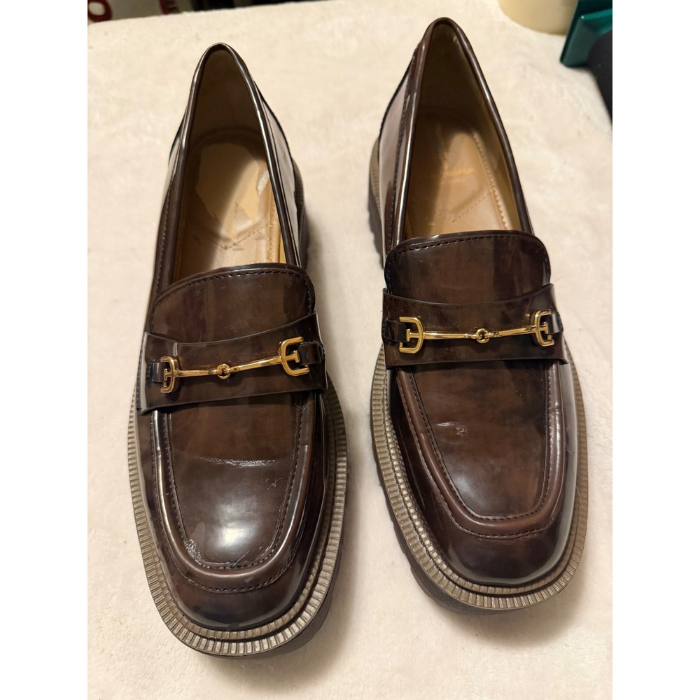 Sam Edelman Laurs Platform Lug Sole Horsebit Loafers Brown Patent Womens 9
